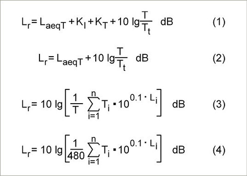 
 Abb. 3: 
 Formeln zur Berechnung der Lärmpegel nach DIN 45645-2 zu berechnen (N.N. 1994). Lr: Beurteilungspegel; LaeqT: äquivalenter Lärmpegel; KI, KT: Faktoren für Tonalität und Impulshaltigkeit; T: Expositionsdauer; Tt: Standardarbeitstag (8 h); Li: Lärmpegel des entsprechenden Beurteilungszeitraums


