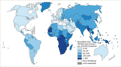 
 Abb. 2: 
 Geschätzte Tuberkulose-Inzidenz 2011. Beachte die Unterschiede zwischen Nord- und Südkorea (aus: WHO 2012)


