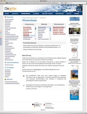 
 Abb. 2: 
 Website des Projekts DaNa mit der Wissensbasis und dem Beispiel Zirkondioxid (www.nano-partikel.info/cms/Wissensbasis)
