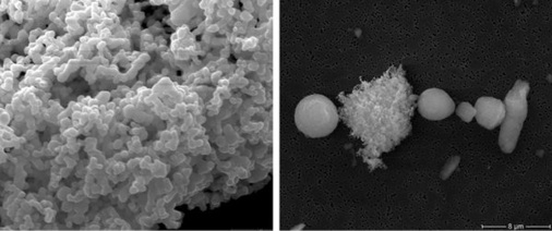 
 Abb. 1: 
 Nanopartikel – Nanosilberagglomerat (linke Seite) und ein nanoskaliges ZnO-Agglomerat neben kompakten Partikeln (rechte Seite)


