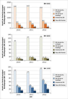 <p>
<span class="GVSpitzmarke"> Abb. 1: </span>
 Anzahl der aktuellen Berufskrankheiten-Verdachtsfälle (angezeigt und bestätigt) sowie der anerkannten BK-Fälle und neue Renten der BK 4301 (verursacht durch atemwegssensibilisierende Stoffe), der BK 4201 (exogen allergische Alveolitis) sowie der BK 1315 (verursacht durch Isocyanate) von 2010 bis 2012 (Angaben entsprechend der Berufskrankheiten-Dokumentation [BK-DOK] sowie der DGUV)
</p>

<p class="GVBildunterschriftEnglisch">
</p>