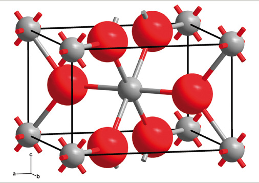 
Kristallstruktur von Rutil (Titan(IV)-oxid, TiO2) (© Solid State/Wikipedia)
