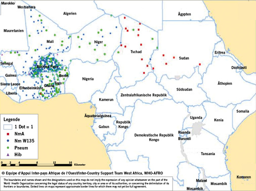 
 Abb. 1: 
 Erreger bakterieller Meningitiden und Serotypenverteilung von Meningokokken im afrikanischen Meningitisgürtel 2012 (Quelle: WHO-AFRO 2012)
