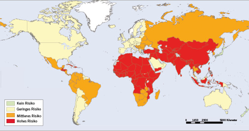 <p>
<span class="GVSpitzmarke"> Abb. 3: </span>
 Kategorisierung der Länder nach Tollwut-Risiko (Quelle: WHO 2013)
</p>