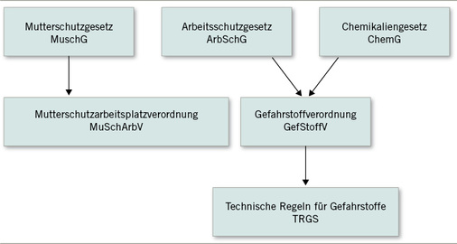 
 Abb. 1: 
 Mutterschutzarbeitsplatzverordnung und Gefahrstoffverordnung in der deutschen Rechtssystematik
