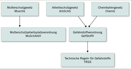 <p>
<span class="GVSpitzmarke"> Abb. 1: </span>
 Mutterschutzarbeitsplatzverordnung und Gefahrstoffverordnung in der deutschen Rechtssystematik
</p>