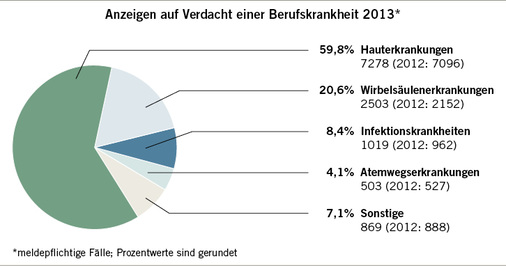 <p>
<span class="GVSpitzmarke"> Abb. 2 </span>
 Infektionen und Hauterkrankungen machen einen großen Anteil der bei der BGW gemeldeten Berufskrankheiten aus (Grafik: BGW)
</p>