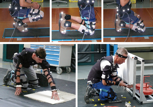 
 Abb. 3: 
 Laboraufbau mit VICON-Motion-Capturing, Druckmess-Pad und Kraftmessplatten bei den unter-suchten Haltungen (oben) und beruflichen Tätigkeiten im Knien (Fliesenlegen, Heizkörpermontage, unten). Quelle: IFA



