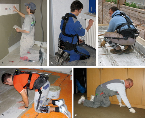 
 Abb. 5: 
 Beispiele kniebelastender Haltungen gemäß BK 2112. a Knien ohne Abstützung (Fliesenleger); b Fersensitz (Installateur); c Hocken (Betonbauer); d Knien mit Abstützung (Fliesenleger); e Kriechen (Bodenleger). Probanden b–d mit CUELA-Messsystem. Quelle: IFA



