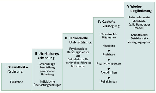 
 Abb. 2: 
 Fünf Säulen des betrieblichen Gesundheitsmanagements zur Förderung und Erhaltung der psychischen Gesundheit von Mitarbeitern
