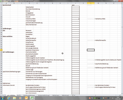 <p>
<span class="GVSpitzmarke"> Abb. 1: </span>
 Tabellenblatt (Liste 4), das den für die Gefährdungsbeurteilung verantwortlichen Personen die Möglichkeit gibt, entsprechende Situationen, Gefährdungen bzw. Maßnahmen zu markieren
</p>