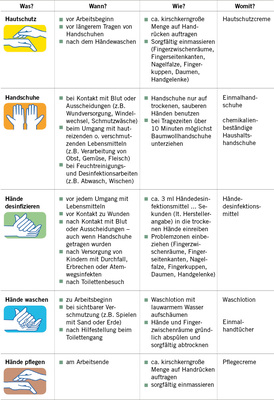 
 Abb. 1: 
 Muster eines Hautschutz- und Händehygieneplans für Mitarbeiterinnen und Mitarbeiter von Kindertagesstätten (in Anlehnung an das BGW Muster, 

www.bgw-online.de

)
