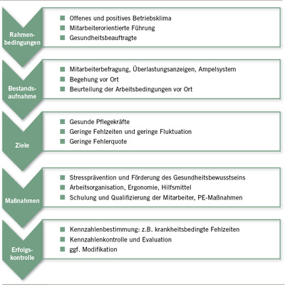 
 Abb. 2: 
 Prozesse der BGM-Einführung in Einrichtungen der ambulanten Pflege (Quelle: Ulatowski 2013, S. 121)
