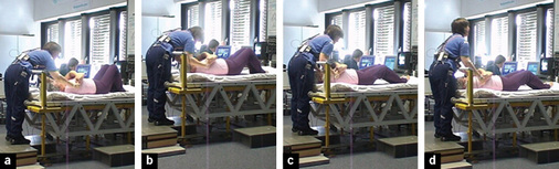 
 Abb. 2: 
 Beispielvorgang 1: Videoprints zur Tätigkeit „Patienten in Richtung Kopfende bewegen”; Bedin-gungskombination: Patient eher aktiv, Patientengewicht etwa 60 kg, Hinweg; Ausführung entspricht einer konventionellen Arbeitsweise



