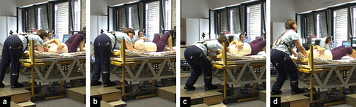 
 Abb. 3: 
 Beispielvorgang 2: Videoprints zur Tätigkeit „Patienten in Richtung Kopfende bewegen”; Bedingungskombination: Patient eher aktiv, Patientengewicht etwa 60 kg, Hinweg; Ausführung entspricht einer optimierten Arbeitsweise



