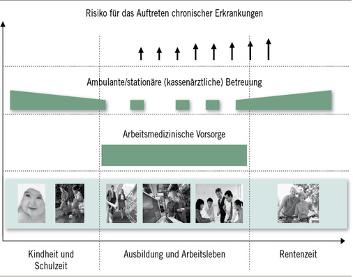 
 Abb. 1: 
 Prävention und Lebenszyklus – die Arbeitsmedizinische Vorsorge findet in einem für präventive Maßnahmen idealen Alter der Beschäftigten statt
