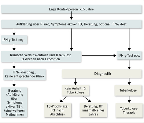 <p>
<span class="GVSpitzmarke"> Abb. 2: </span>
 Umgebungsuntersuchung nach Exposition enger Kontaktpersonen mit einem Indexfall mit Lungentuberkulose (nach Diel et al. 2011)
</p>