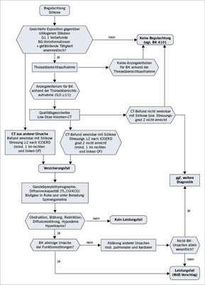 
 Abb. 1: 
 Diagnostikschema (Erstbegutachtung). Einzelheiten ergeben sich aus dem Text unter 6.1 bis 6.5. Sonderfälle (z.B. Silikosenachweis postoperativ im OP-Präparat; Zufallsbefunde im CT) sind nicht vom Diagnostikschema erfasst und bedürfen der individuellen Beurteilung
