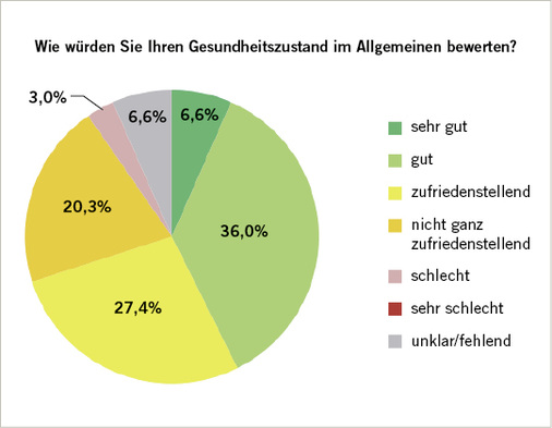 <p>
<span class="GVSpitzmarke"> Abb. 2: </span>
 Allgemeinen Bewertung des Gesundheitszustandes (n = 197)
</p>

<p class="GVBildunterschriftEnglisch">
</p>