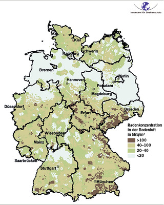 
 Abb. 1: 
 Übersicht über die Radonkonzentration in der Bodenluft in einem Meter Tiefe (Quelle: Bundesamt für Strahlenschutz)
