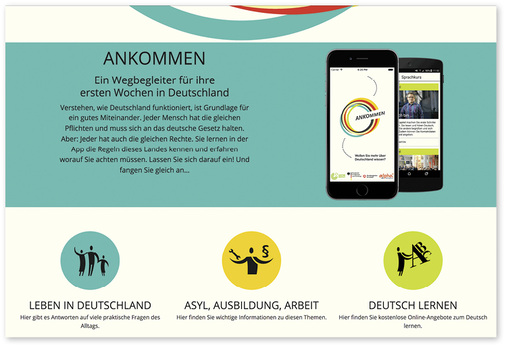 
 Abb. 2: 
 Die App „Ankommen“ bietet geflüchteten Menschen eine schnelle und umfassende Orientierung während der ersten Wochen (Quelle: 

https://ankommenapp.de/

)
