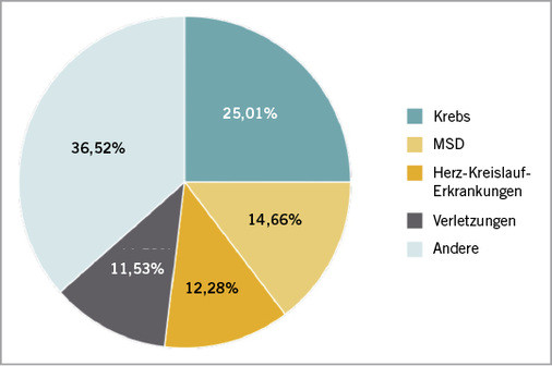 
 Abb. 7: 
 EU28 – Prozentualer Anteil der Hauptursachen für arbeitsbedingte Mortalität und Morbidität, in DALYs je 100.000 Arbeitnehmer.



