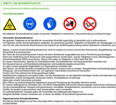
 Abb. 2: 
 Ausschnitt aus einem Biostoffdatenblatt mit Grundinformationen
