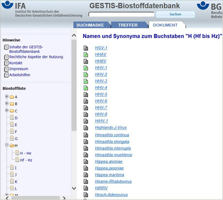 
 Abb. 5: 
 Auswahl des Biostoffs aus der alphabetischen Liste 
