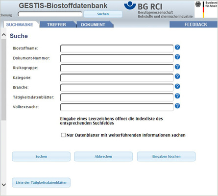 
 Abb. 6: 
 Suchmaske der Biostoffdatenbank
