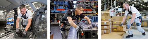 
 Abb. 1: 
 Arbeitsplätze der Feldstudie (von links nach rechts): „Masseverschraubung Fußraum“ (AP1), „Werkzeugwartung Presswerk“ (AP4), „CKD-Verpackungslogistik (Kleinteile)“ (AP6)



