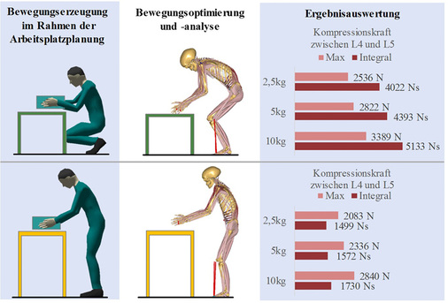 
 Abb.4: 
 Analyse einer Hebebewegung von einer niedrigen Position (oben) und einer hohen Position (unten) bei unterschiedlichen Objektgewichten
