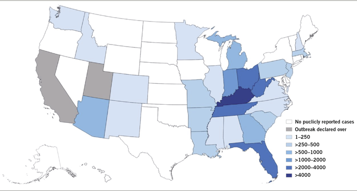 Abb. 1:   Verteilung und Zahl der gemeldeten Hepatitis-A-Fälle in den USA (Quelle: CDC 2019)