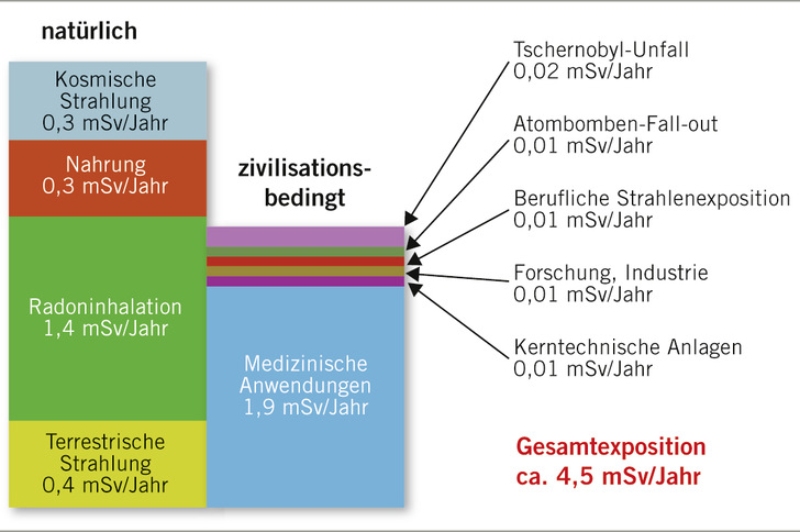  Abb. 1:   Aufteilung der jährlichen ionisierenden Strahlenbelastung des Menschen (Quelle: Bundesamt für Strahlenschutz)