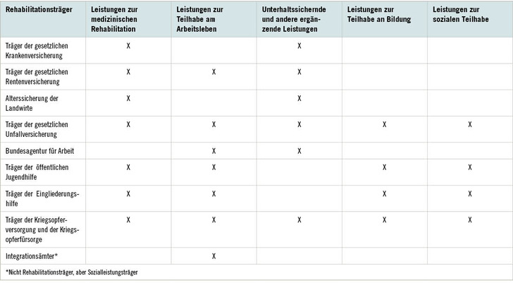 Tabelle 1:   Leistungsgruppen und die dafür zuständigen Träger (Quelle: BAR 2019)