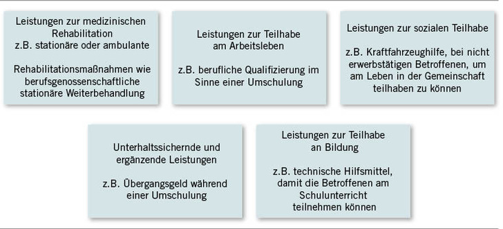  Abb. 1:   Beispiele für Leistungen zur Teilhabe nach Leistungsgruppen (eigene Darstellung nach § 5 SGB IX)