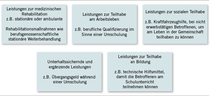 Abb. 1:   Beispiele für Leistungen zur Teilhabe nach Leistungsgruppen (eigene Darstellung nach § 5 SGB IX)