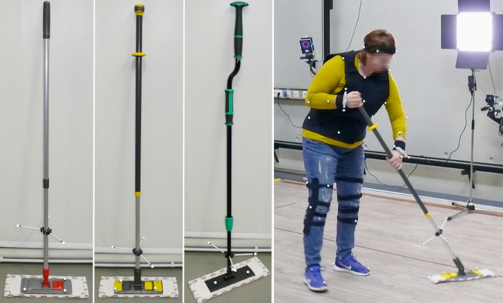  Abb. 1:    Bodenwischerstiele und Probandin mit reflektierenden Markern im Labor