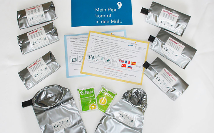  Abb. 1:   Die MERK´MAL Teilnehmer-Sets (blau für Herren, gelb für Damen) enthalten neben jeweils vier Urinbeuteln zum einmaligen Gebrauch auch kurze Hinweise zur Anwendung der Beutel sowie eine portofreie Antwortpostkarte zur Übermittlung des Feedbacks zur Teilnahme