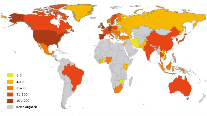  Abb. 1:    Anzahl der weltweit detektierten Arzneistoffen in Oberflächen-, Grund-, Leitungs- und/oder Trinkwasser (aus: der Beek et al. 2016)