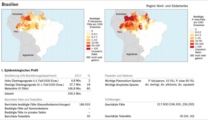 Abb. 1:   Malariakarte für Brasilien aus dem Weltmalariabericht 2019 der WHO