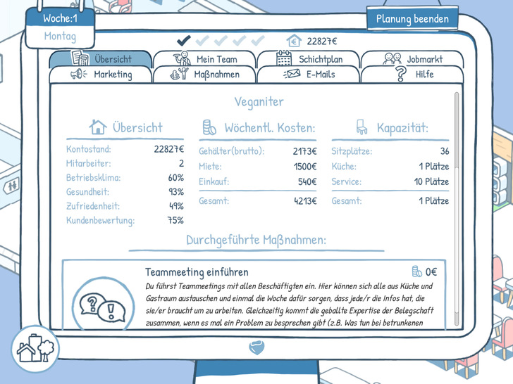 Abb. 1:    Die Übersicht für ein Restaurant aus dem Spiel Simkult (Quelle: Projekt Simkult/the Good Evil GmbH)
 
 Fig. 1: The overview of a restaurant from the game Simkult (Source: Project Simkult/the Good Evil GmbH)