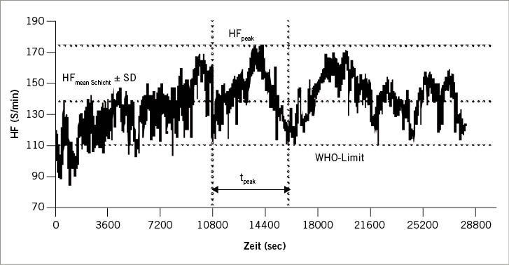  Abb. 1:   Beispiel für den Herzfrequenz-Verlauf (HF) eines 48 Jahre alten Arbeiters bei Reinigungsarbeiten unter Hitzebedingungen im Keller der Papiermaschine. Phasen erhöhter HF wurden als HF peak  bezeichnet und die Zeit mit erhöhter HF als t peak . Die durchschnittliche HF über 8-Stunden Schicht (HF mean Schicht  ± SD) wurde bei diesem Arbeiter bei 138 ± 15 S/min bestimmt und die HF peak  lag bei 174 S/min. Die Temperatur im Arbeitsbereich lag zwischen 35 und 60° Feuchttemperatur (WBGT). Das empfohlene Limit von 110 S/min der WHO (WHO Technical Report 412 1969) ist ebenfalls dargestellt
 Fig. 1:  Example of the heart rate (HR) curve of a 48-year-old worker when cleaning in hot conditions in the base of a paper machine. Phases of increased heart rate were defined as “peakload” (time and occurrence rate) of every shift and participant. The average shift HR was 138 ± 15 bpm (dashed line) and the maximum HR was 174 bpm. The variation in temperature in this area was from 35–60 ° WBGT. The lower dashed line demonstrates a HR of 110 bpm as the recommendation of the WHO (WHO Technical Report 412 1969)