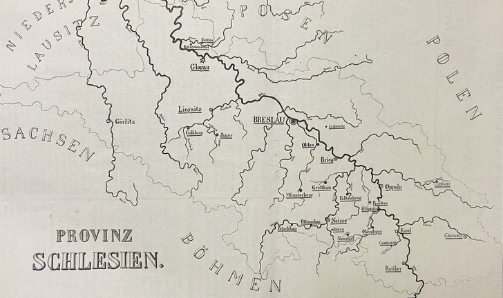  Abb. 1:    Karte der vom Schlammfieber 1891 betroffenen Ortschaften in Schlesien (aus Kathe 1939a) 
 Fig. 1: Map of the localities affected by slime fever in Silesia in 1891 (from Kathe 1939a)