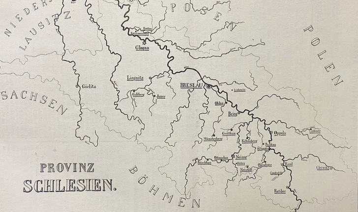 Abb. 1:    Karte der vom Schlammfieber 1891 betroffenen Ortschaften in Schlesien (aus Kathe 1939a)
 
 Fig. 1: Map of the localities affected by slime fever in Silesia in 1891 (from Kathe 1939a)