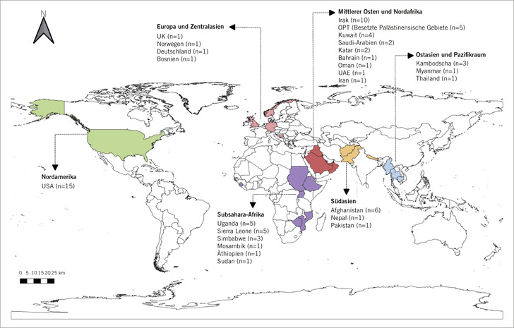 Abb. 1:   Geografische Verteilung der eingeschlossenen Studien (Quelle: Habib et al. 2020)
 
 Fig. 1: Geographical distribution oft he included studies (Source: Habib et al. 2020)