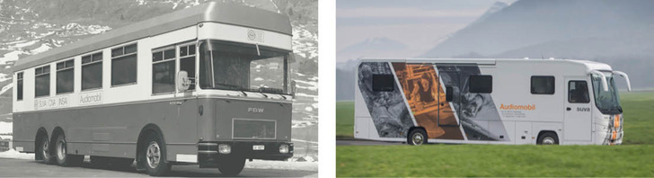 Abb. 1:    Links:  Prototyp 1971;  rechts:  Audiomobil 2018 - © Fotos: Suva
