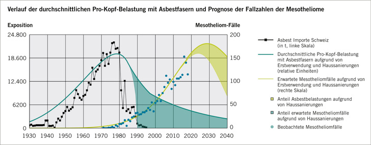 Abb. 1:   Bisheriger und prognostizierter Verlauf der Asbestexposition und der Mesotheliomfälle. Mit freundlicher Genehmigung der Sammelstelle für die Statistik der Unfallversicherung (SSUV)
 Fig. 1: Observed exposure to asbestos (cyan) and predicted numbers of patients with mesothelioma (beige). Courtesy of the accident insurers (Sammelstelle für die Statistik der Unfallversicherung SSUV)