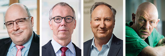Unsere Eröffnungsredner v. l. n. r.:  Steffen Kampeter , Hauptgeschäfts­führer der BDA,  Prof. Dr. René Gottschalk , Leiter des Gesundheitsamts der Stadt Frankfurt i. R.,  Prof. Dr. MBA Jörg F. Debatin , Chairman des Health Innovation Hub des Bundesgesundheitsministeriums, LRMAD a. D.  Josef Bausch-Hölterhoff , Autor, Schauspieler und Mediziner