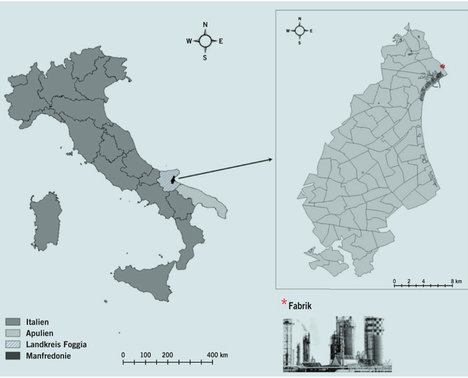 Abb. 1:   Die Lage von Manfredonia und der Fabrik (Quelle: QGIS Geographic Information System. Open Source Geospatial Foundation Projekt, http://qgis.osgeo.org)