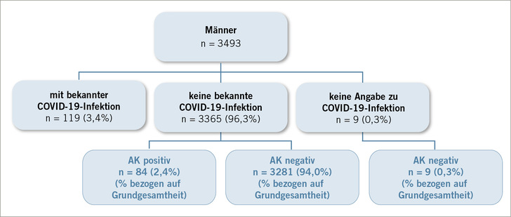  Abb﻿. 1:    Übersicht der Studienteilnehmer (Männer) und der Angaben zu bekannter COVID-19-Infektion sowie des Nachweises einer COVID-19-Infektion durch Antikörper gegen COVID-19 
 Fig. 1: Overview of the study participants (male), information on known COVID-19 infection and demonstration of COVID-19 infection by COVID-19 antibodies